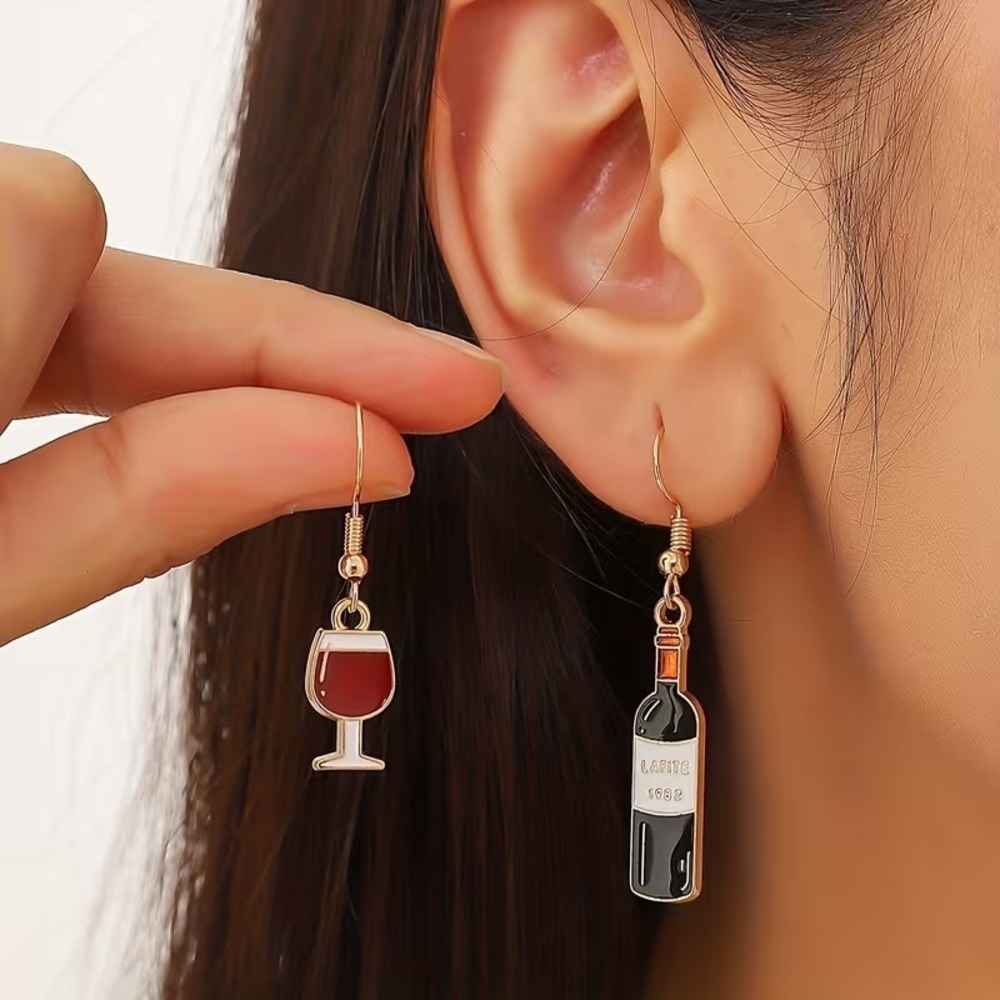 New Red Wine Bottle and Glass Mismatched Enamel Dangle Earrings Gold Tone